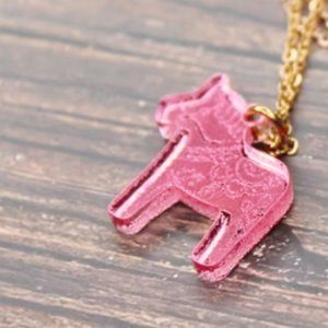 Dala Necklace Norsk Pink Acrylic Pendant with 18 inch Gold Chain